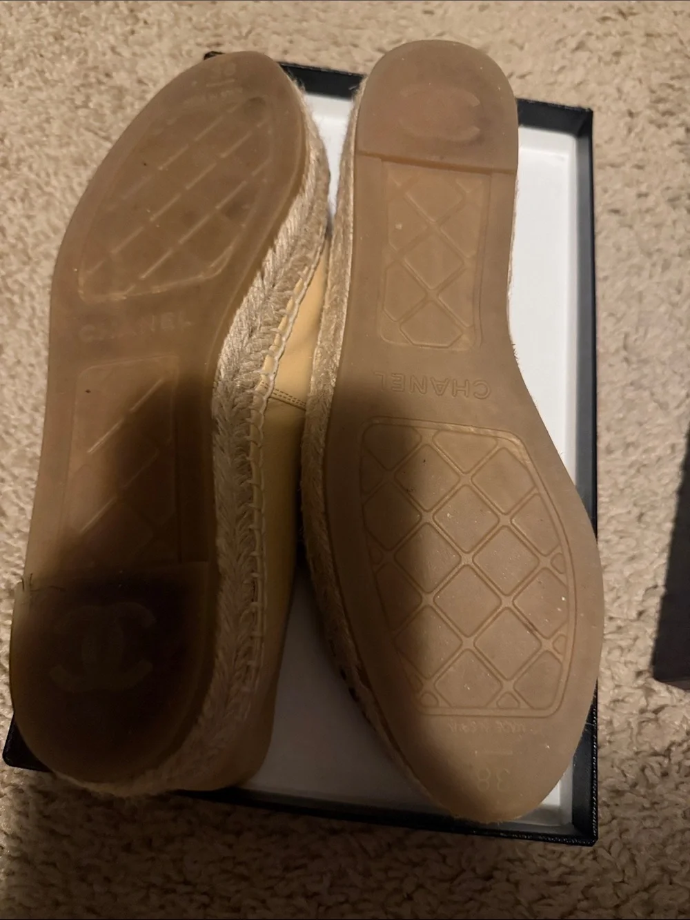 CHANEL Beige and Black Leather Espadrille Flats with Interlocking CC